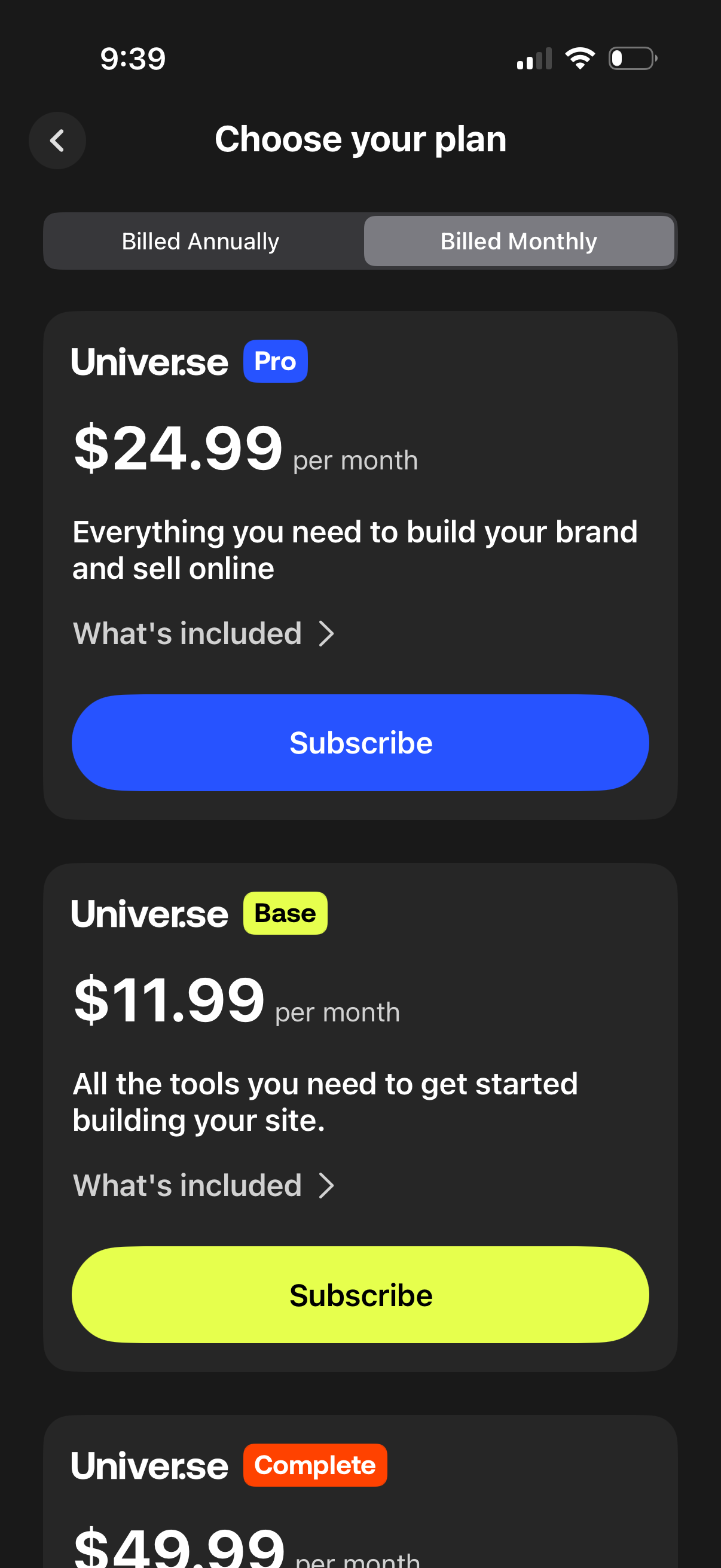 universe pricing screenshot